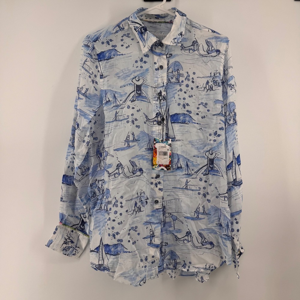 Robert Graham Button Down Shirt Women Small Blue Beach Scene Print Long Sleeve